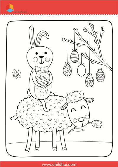 复活节题材的儿童填色画 - 兔子和小羊
