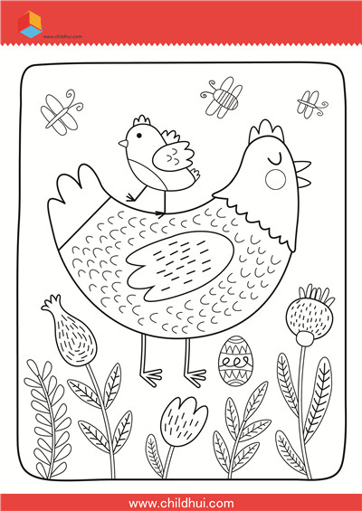 儿童填色画 - 母鸡与小鸡