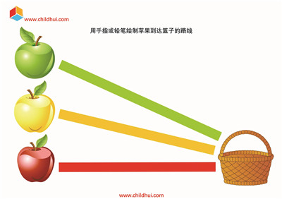 用手指或铅笔绘制苹果到达篮子的路线