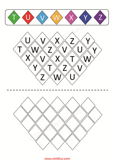 在空白的图形中填上与数字或字母对应的颜色