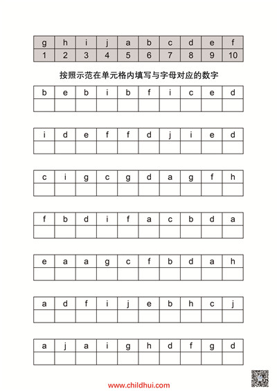 视觉感知系列练习 - 按照示范在单元格内填写与字母对应的数字
