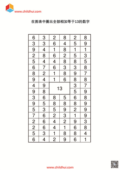 在图表中圈出全部相加等于答案的数字
