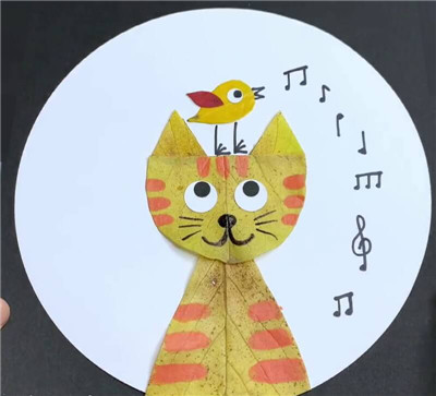 儿童树叶拼贴画  - 猫