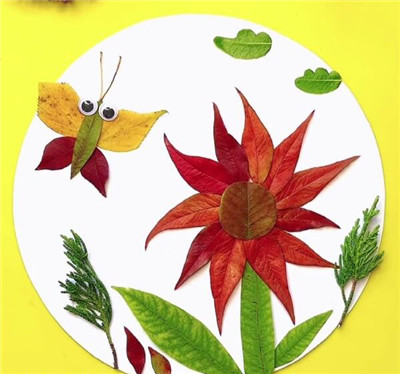 儿童手工树叶贴画 - 花与蝴蝶