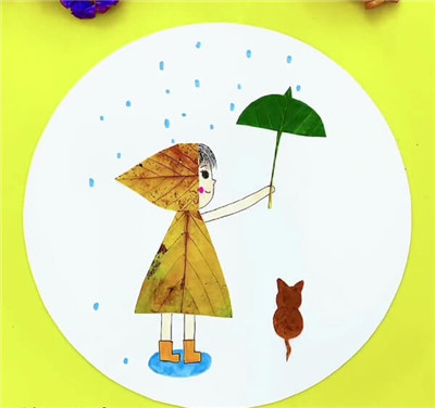 儿童树叶拼贴画  - 女孩和小猫