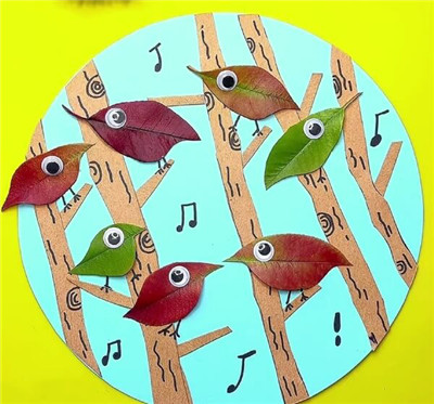儿童手工树叶贴画 - 唱歌的小鸟