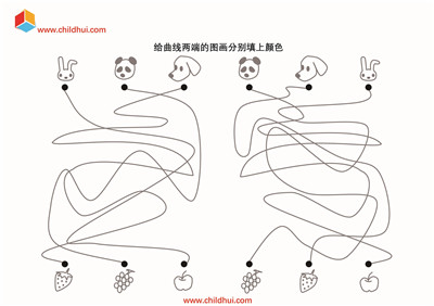 连接曲线两端的图画分别填上颜色